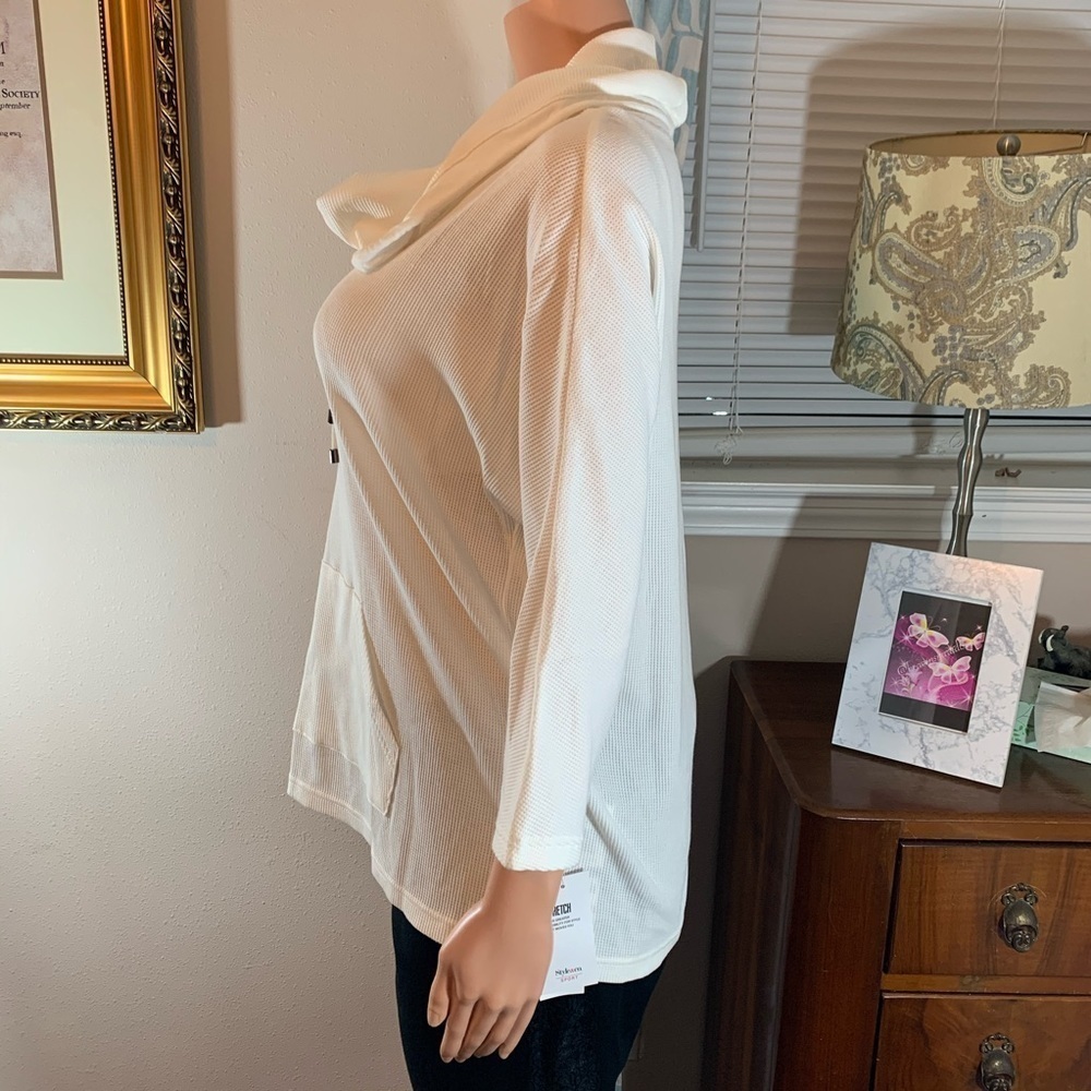 Style & Company white waffle knit three-quarter sleeve cowlneck tunic sweatshirt - Picture 7 of 10
